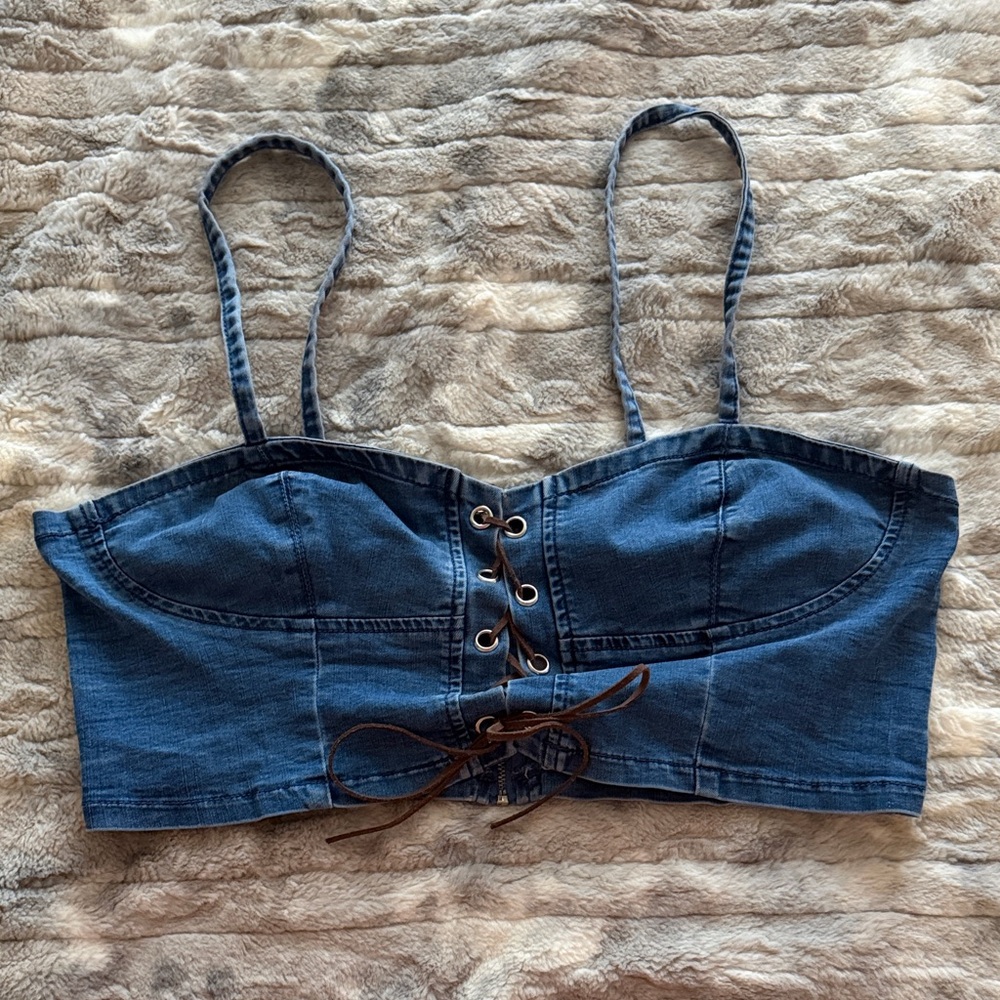 Dollskill Sugar Thrillz Denim Blue Lace-Up Women's Top